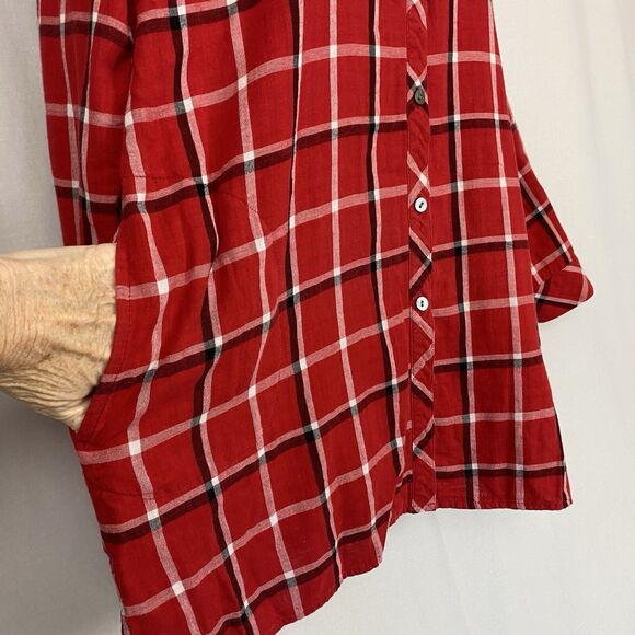 J Jill Tunic Button Up Top Womens Medium Petite Red Plaid Pockets Shacket Grunge - Picture 5 of 14